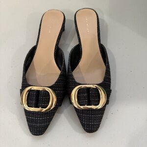 Ann Taylor Black and Gold Buckle Mules